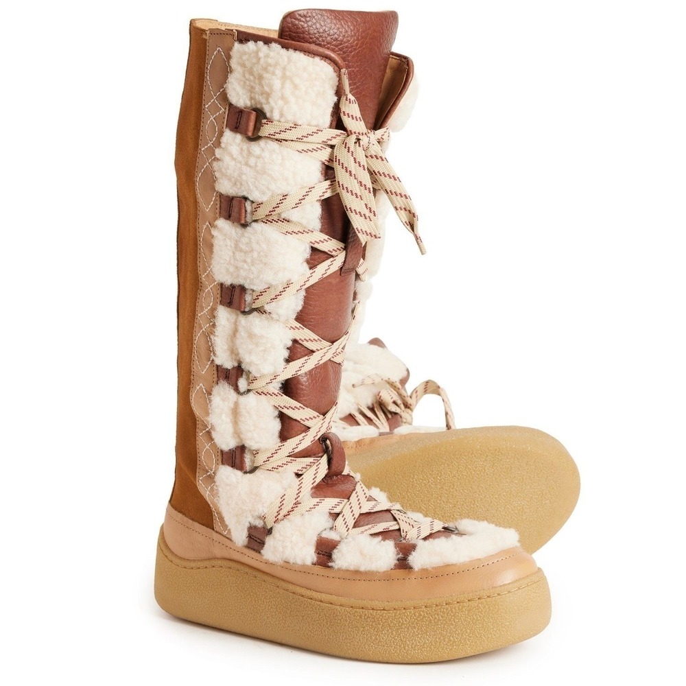 Free People Tall Shearling Platform Boots Size 7 Lace-up Nordic Scandi NEW‎ - Picture 2 of 6